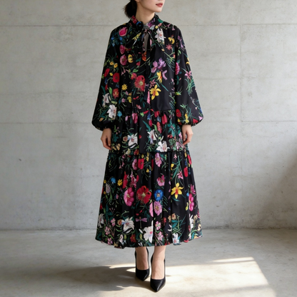 【60%OFF⭐️早い者勝ち】【ワンピース】クラシカル バルーンスリーブ フレンチ リボン付き 花柄 プリント 長袖 ワンピース【SHシリーズ】