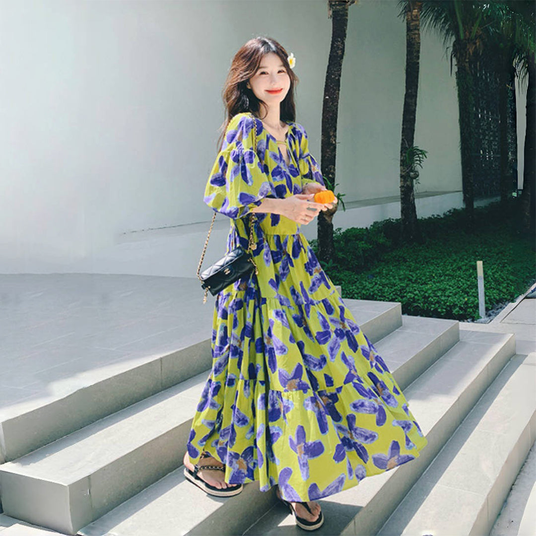 【ワンピース】春夏 ハイウエスト 着痩せ 花柄 半袖ワンピース 【SHシリーズ】