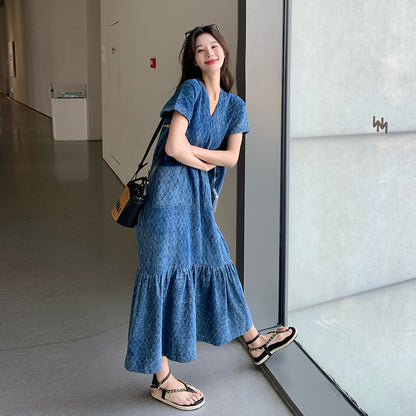 【ワンピース】ヴィンテージ 夏 ビーチリゾート デザイン性 エレガント Vネック 半袖ワンピース