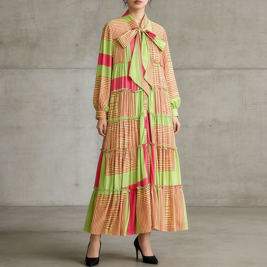 【ワンピース】プリントVネック お腹周りカバー フリル 長袖 ワンピース 【SHシリーズ】