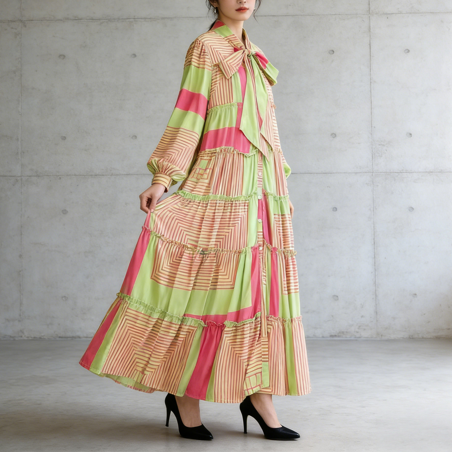 【ワンピース】プリントVネック お腹周りカバー フリル 長袖 ワンピース 【SHシリーズ】