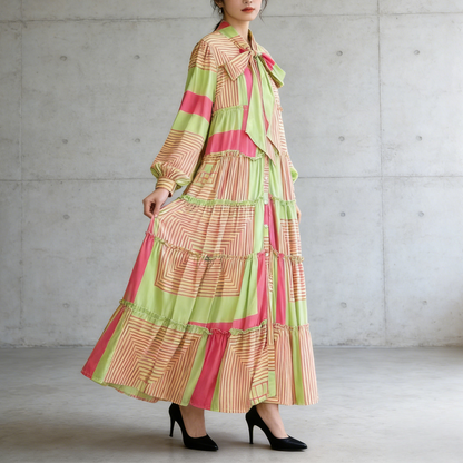 【ワンピース】プリントVネック お腹周りカバー フリル 長袖 ワンピース 【SHシリーズ】