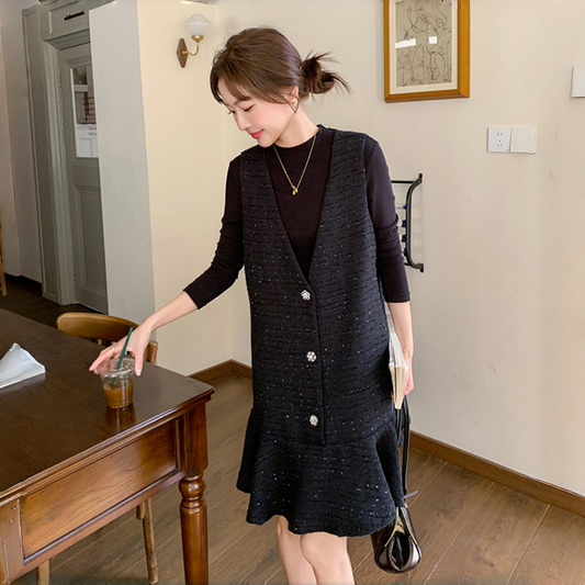 【ワンピース】秋新作  Vネック ベストワンピース レディース ブラック ゆったり Aライン フリル 上品 ノースリーブワンピース【JZシリーズ】