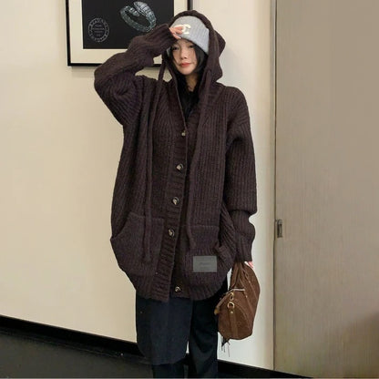 【アウター】レトロ ヘビーゲージ 厚手 フード付き ニットセーター カーディガン【FCシリーズ】