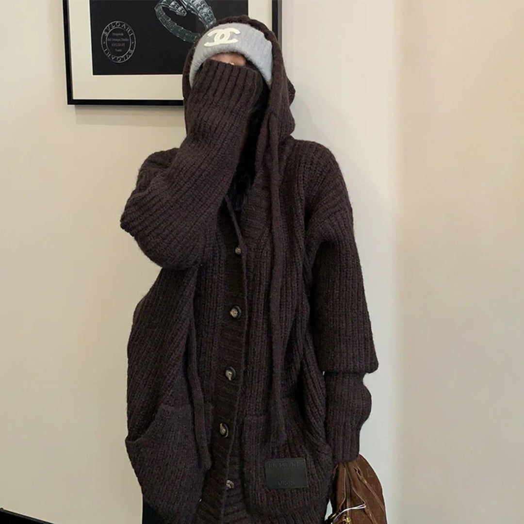 【アウター】レトロ ヘビーゲージ 厚手 フード付き ニットセーター カーディガン【FCシリーズ】