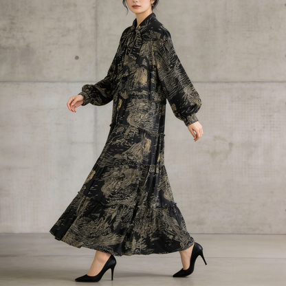 【ワンピース】プリントVネック お腹周りカバー フリル 長袖 ワンピース 【SHシリーズ】