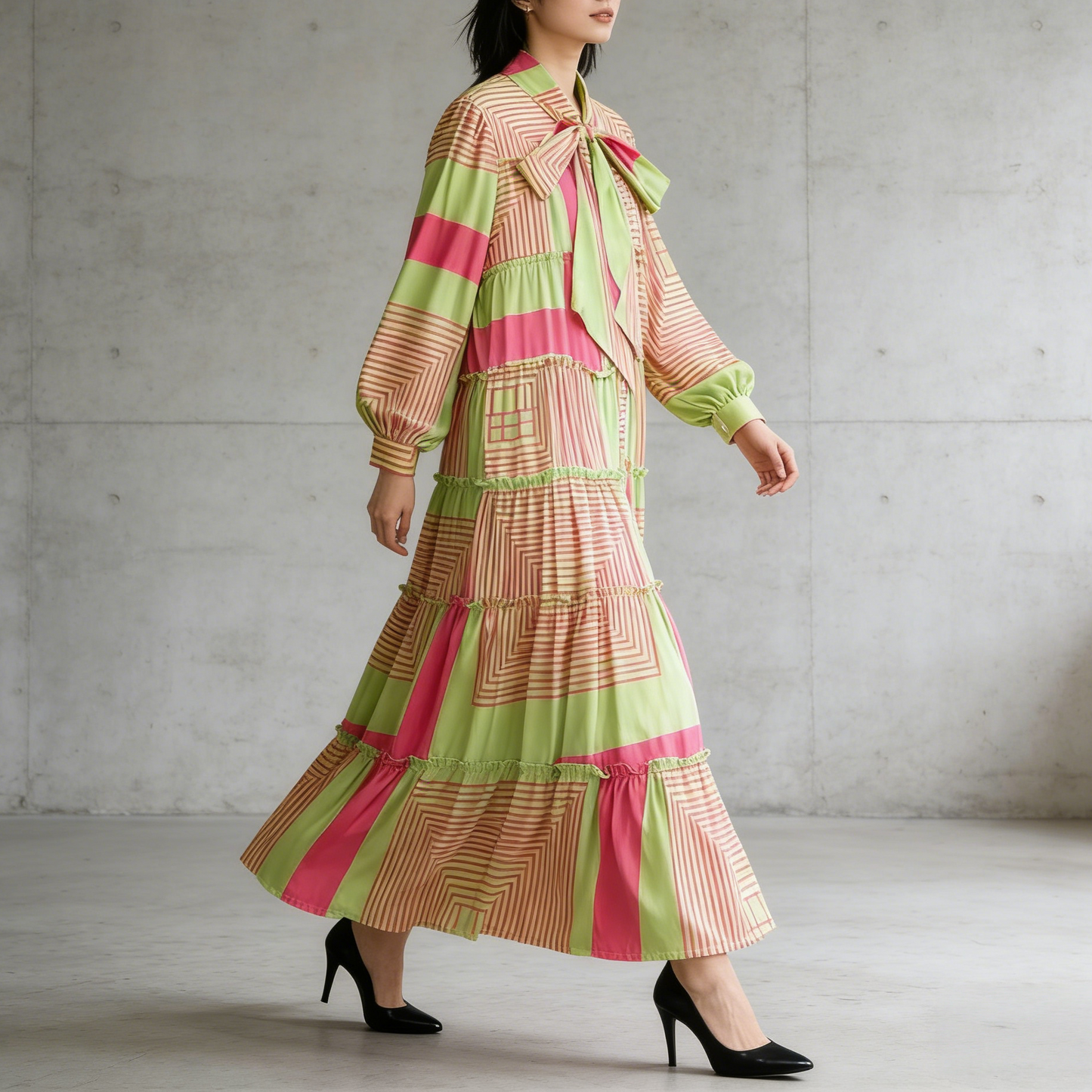 【ワンピース】プリントVネック お腹周りカバー フリル 長袖 ワンピース 【SHシリーズ】