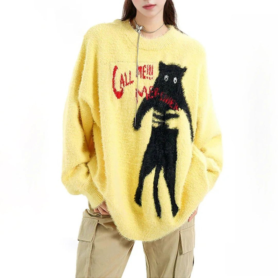 【トップス】猫モチーフ フェイクミンク風ニット 秋冬 ゆったり カップル対応 プルオーバー【FCシリーズ】