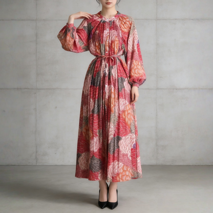 【ワンピース】前開き バルーンスリーブ タック入り フレア 長袖 ワンピース 【SHシリーズ】