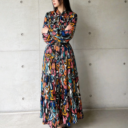 【ワンピース】シングルボタン プリント レディライク フレア 長袖 ワンピース 【SHシリーズ】