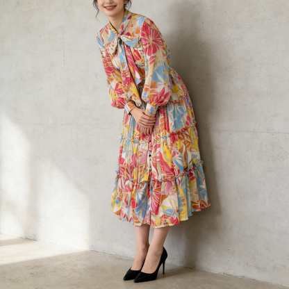 【ワンピース】シングルボタン プリント レディライク フレア 長袖 ワンピース 【SHシリーズ】