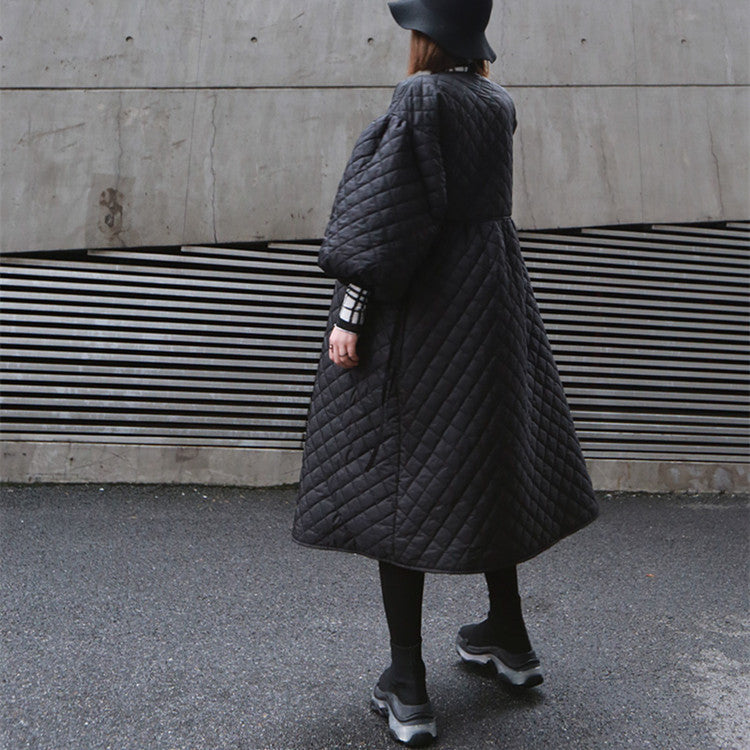 【24AW】【ワンピース】レトロ oversize ランタンスリーブ キルティング 長袖ワンピース【AHシリーズ】