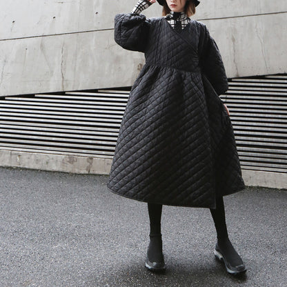 【24AW】【ワンピース】レトロ oversize ランタンスリーブ キルティング 長袖ワンピース【AHシリーズ】