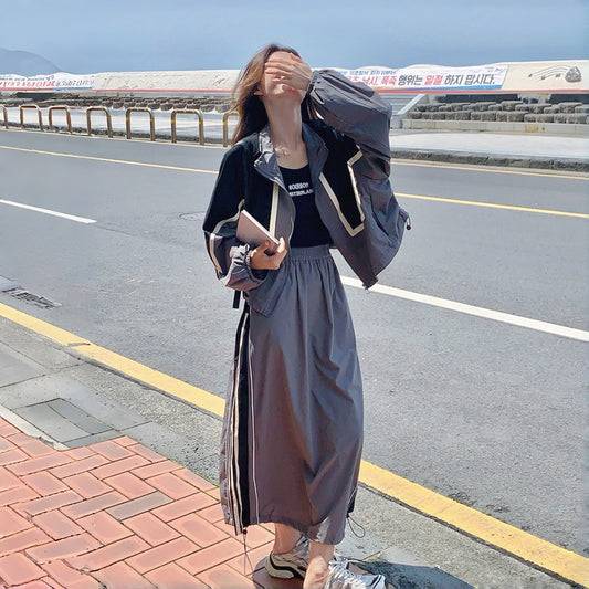 2点セット！【セットアップ】韓国CHIC 配色ジャケットスカート 上下セット レディース ストライプ柄 リラックス 秋セット【FCシリーズ】