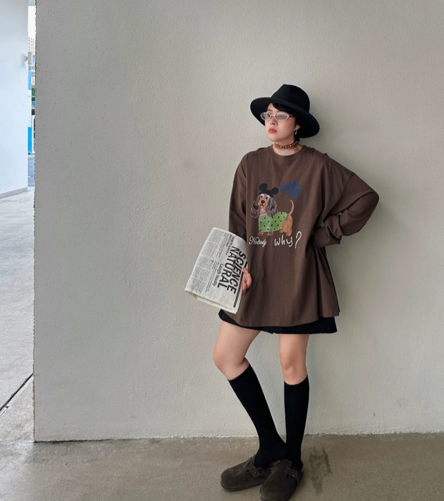 【トップス】レディース 犬プリントフード付き長袖Tシャツ ウォッシュ加工 韓国風 レトロ【FCシリーズ】