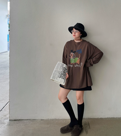 【トップス】レディース 犬プリントフード付き長袖Tシャツ ウォッシュ加工 韓国風 レトロ【FCシリーズ】