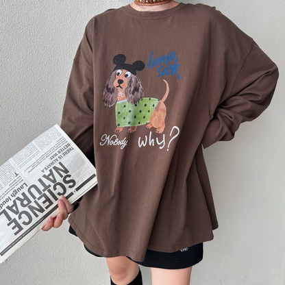 【トップス】レディース 犬プリントフード付き長袖Tシャツ ウォッシュ加工 韓国風 レトロ【FCシリーズ】