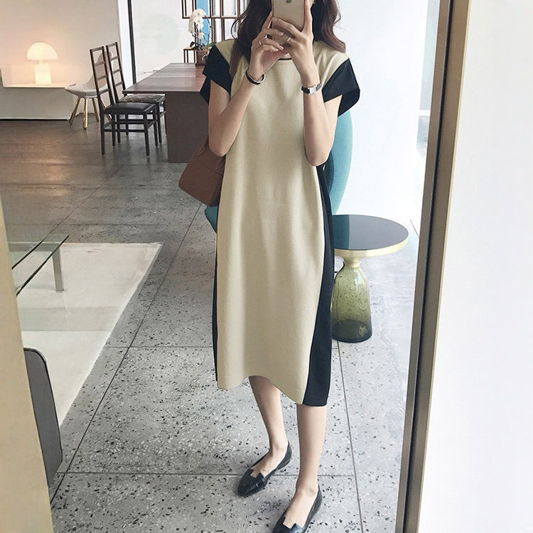 【ワンピース】夏 ゆったり 配色 韓国風 着痩せ 半袖ワンピース