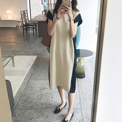 【ワンピース】夏 ゆったり 配色 韓国風 着痩せ 半袖ワンピース