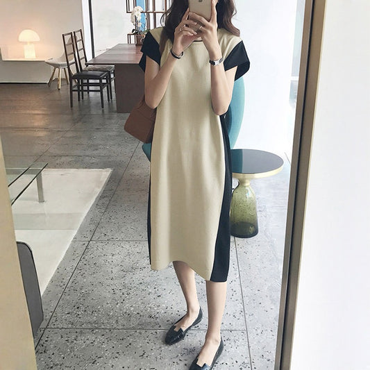 【連身裙】夏季寬鬆拼色韓版顯瘦短袖連身裙