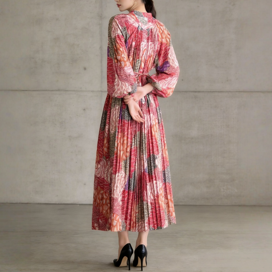 【ワンピース】前開き バルーンスリーブ タック入り フレア 長袖 ワンピース 【SHシリーズ】