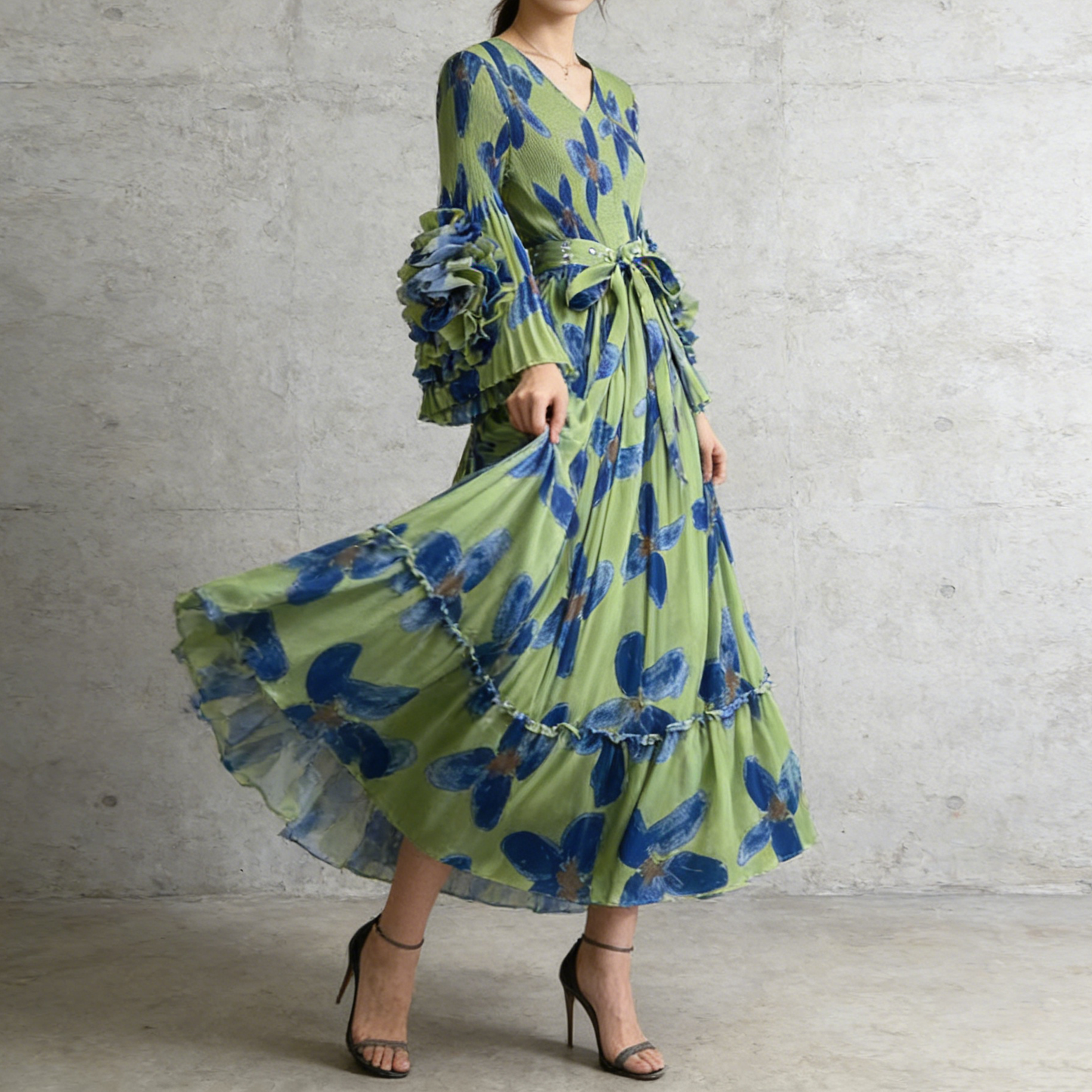 【ワンピース】フレンチ花柄ワンピース Vネック 長袖 立体フラワー フレアロング 着痩せ エレガント リゾートワンピ【SHシリーズ】