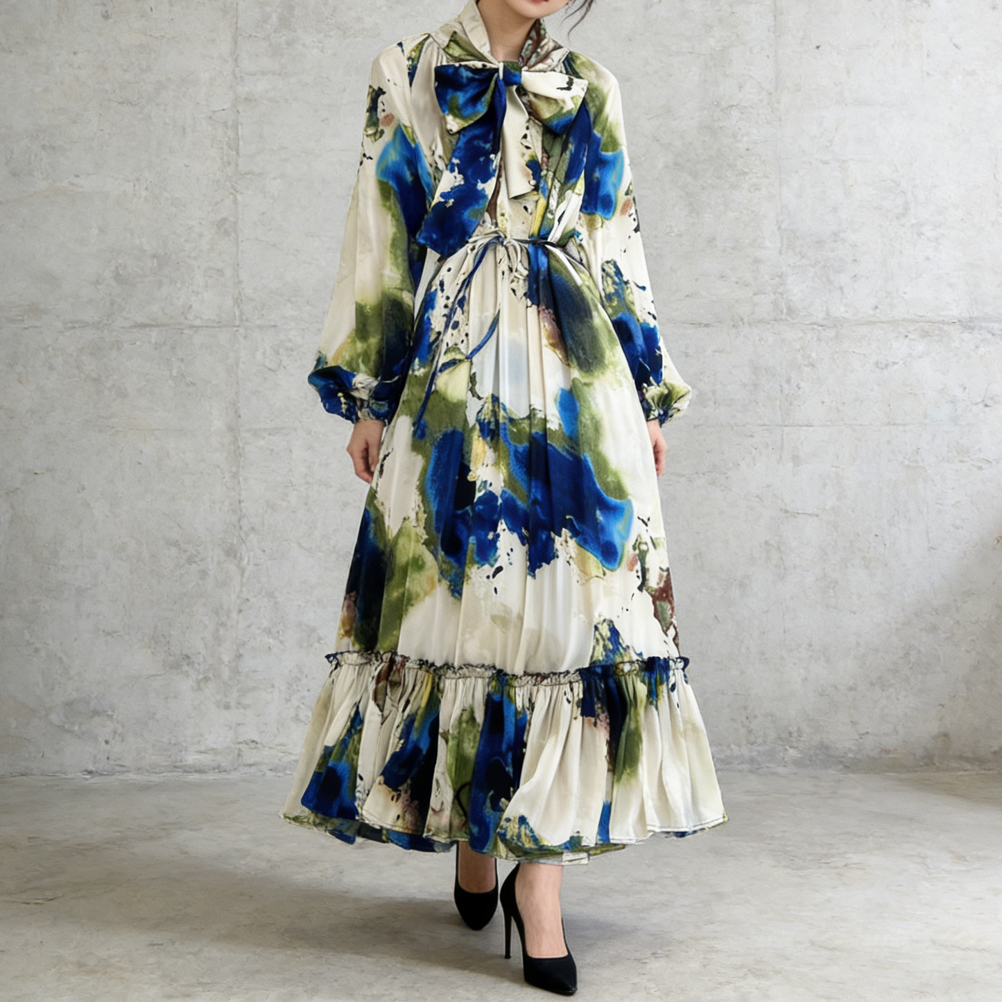 【ワンピース】レトロ風 長袖 リボン付き ウエストマーク Aライン 花柄プリント ランタンスリーブ ワンピース エレガント ロングワンピース レディース【SHシリーズ】