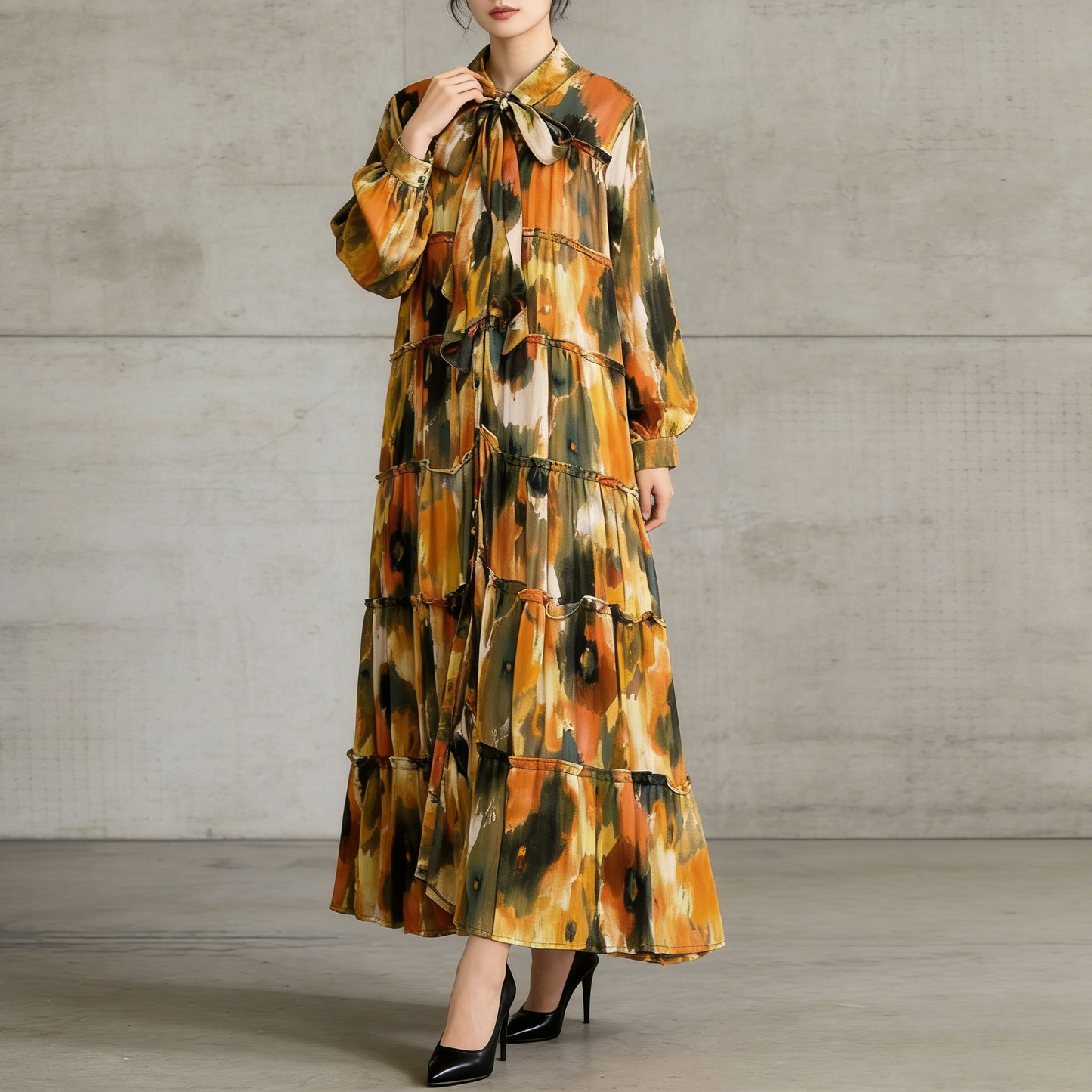 【ワンピース】プリントVネック お腹周りカバー フリル 長袖 ワンピース 【SHシリーズ】