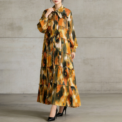 【ワンピース】プリントVネック お腹周りカバー フリル 長袖 ワンピース 【SHシリーズ】