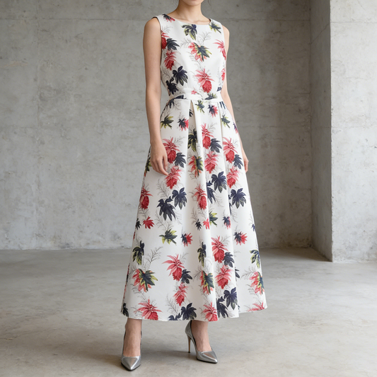 ✨パーティー・お呼ばれ【ワンピース】 花柄華やかプリント ノースリーブワンピース ウエストマーク Aラインロングドレス【SHシリーズ】