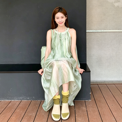 【ワンピース】タイダイ ホルターネック ワンピース レディース 夏 ゆったり ダブルレイヤー Aライン ノースリーブ ロングワンピース【SHシリーズ】