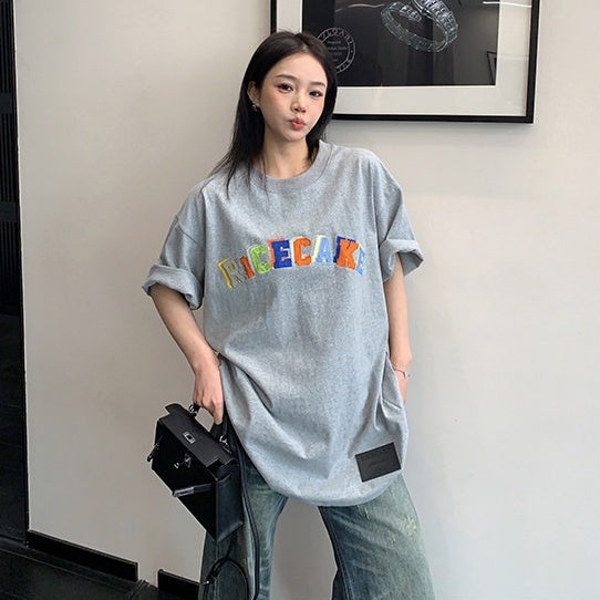 【トップス】ドーパミンカラー  ミニマル ワッペン刺繍 オーバーサイズ  Ｔシャツ  【FCシリーズ】