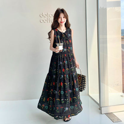 【ワンピース】刺繍プリント ビーチ ノースリーブタンクワンピース【SHシリーズ】