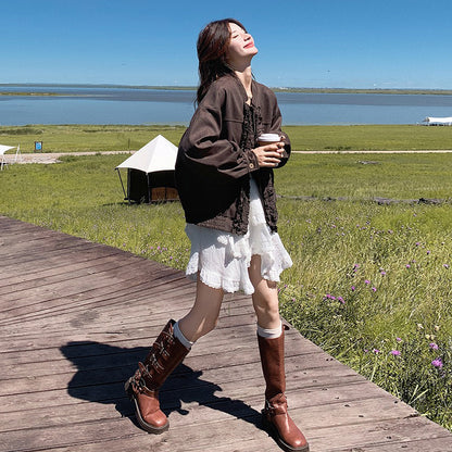 【アウター】カジュアル フリル切り替え スエード調 ショートジャケット【JZシリーズ】