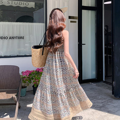 【ワンピース】バカンス映え ボヘミアン ノースリーブワンピース 花柄ロング丈 夏新作 リゾートスタイル【SHシリーズ】