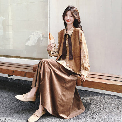 3点セット！【セットアップ 】春新作メラードスエードベスト＋レトロプリントシャツ＋スカート 上下セット 文芸風コーデ【SHシリーズ】