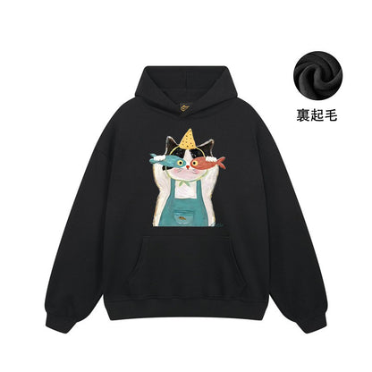 【トップス】🐱アメリカンストリート猫プリントパーカー ユニセックス コットン オーバーサイズ 秋冬コーデ【FCシリーズ】