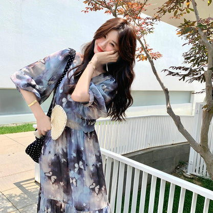 【ワンピース】リゾート風 ロマンティック 蝶々プリント Vネック 半袖ワンピース 高見え バルーンスリーブ サマードレス【SHシリーズ】