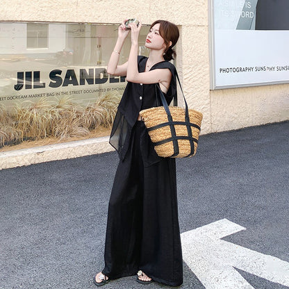 2点セット！【セットアップ】夏 韓国風 通勤 ブラックメッシュ切替 ベスト＋ワイドパンツ 上下セット【JZシリーズ】【SNシリーズ】