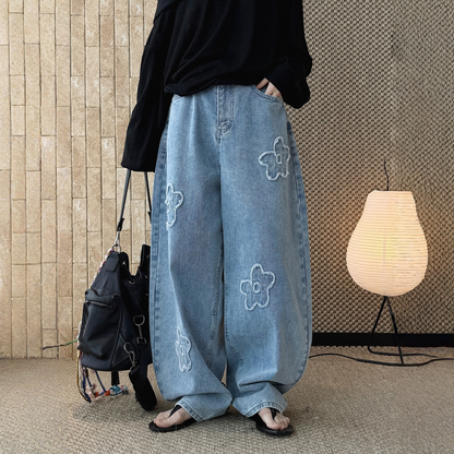 【ボトムス】デザイン性 ハイウエスト 花モチーフ アップリケ刺繍 デニムパンツ 【JZシリーズ】