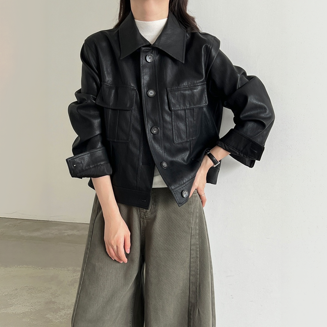 【アウター】襟付き シングルボタン ライダース PUレザー ジャケット  【JZシリーズ】