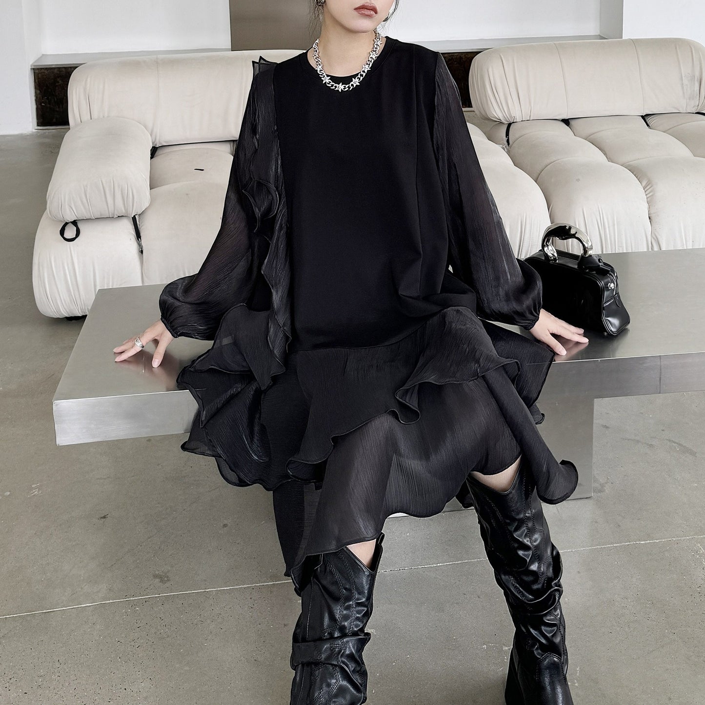 【ワンピース】春 秋 冬 オーガンジー切替 ゆったり ティアード ワンピース 【AHシリーズ】