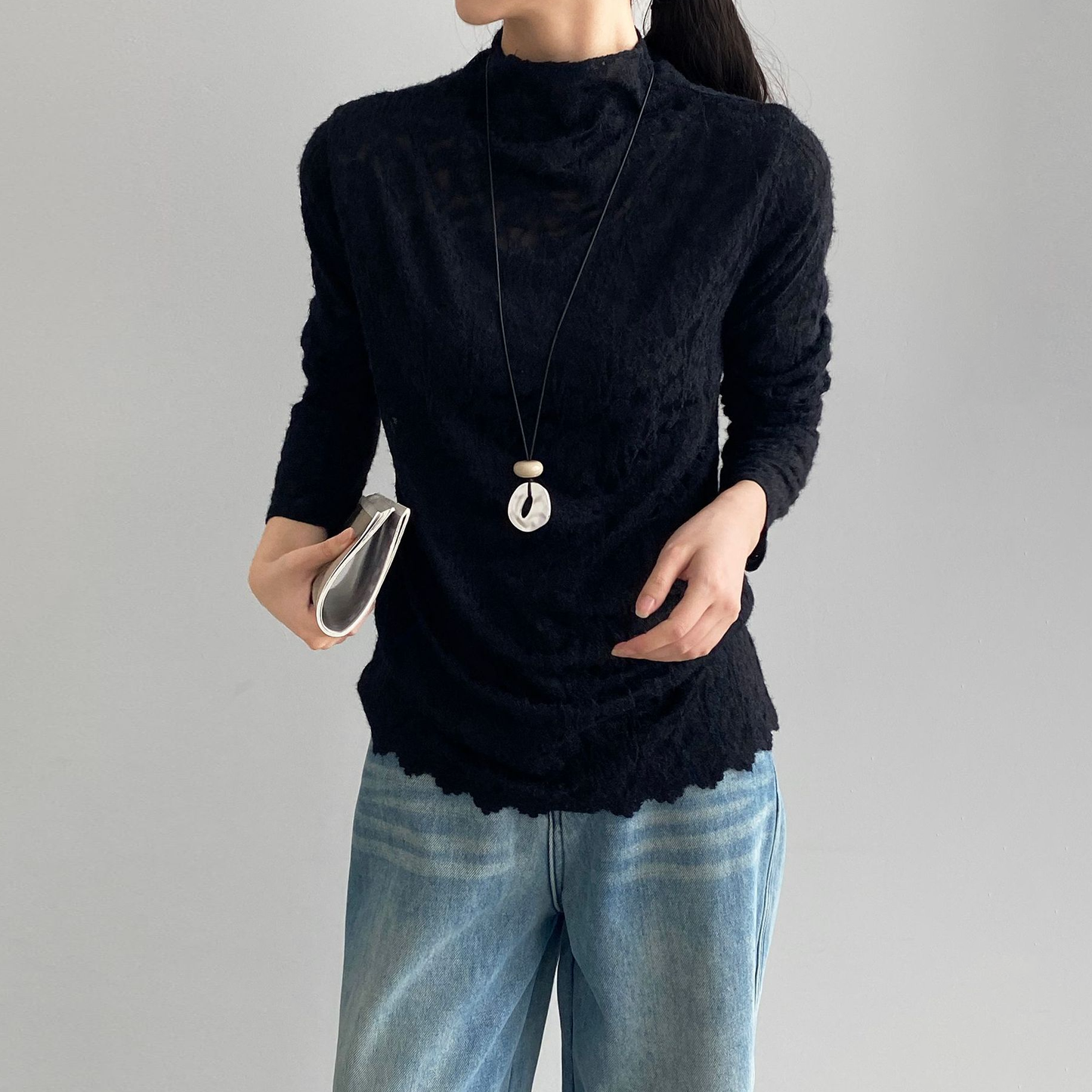 5カラー【トップス】韓国風オフィスカジュアル 大人可愛い レースインナー レディース ハーフハイネック テクスチャー感 Tシャツ【JZシリーズ】