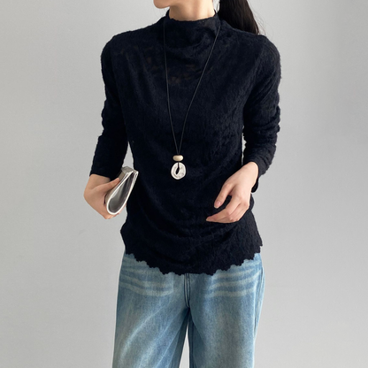 5カラー【トップス】韓国風オフィスカジュアル 大人可愛い レースインナー レディース ハーフハイネック テクスチャー感 Tシャツ【JZシリーズ】