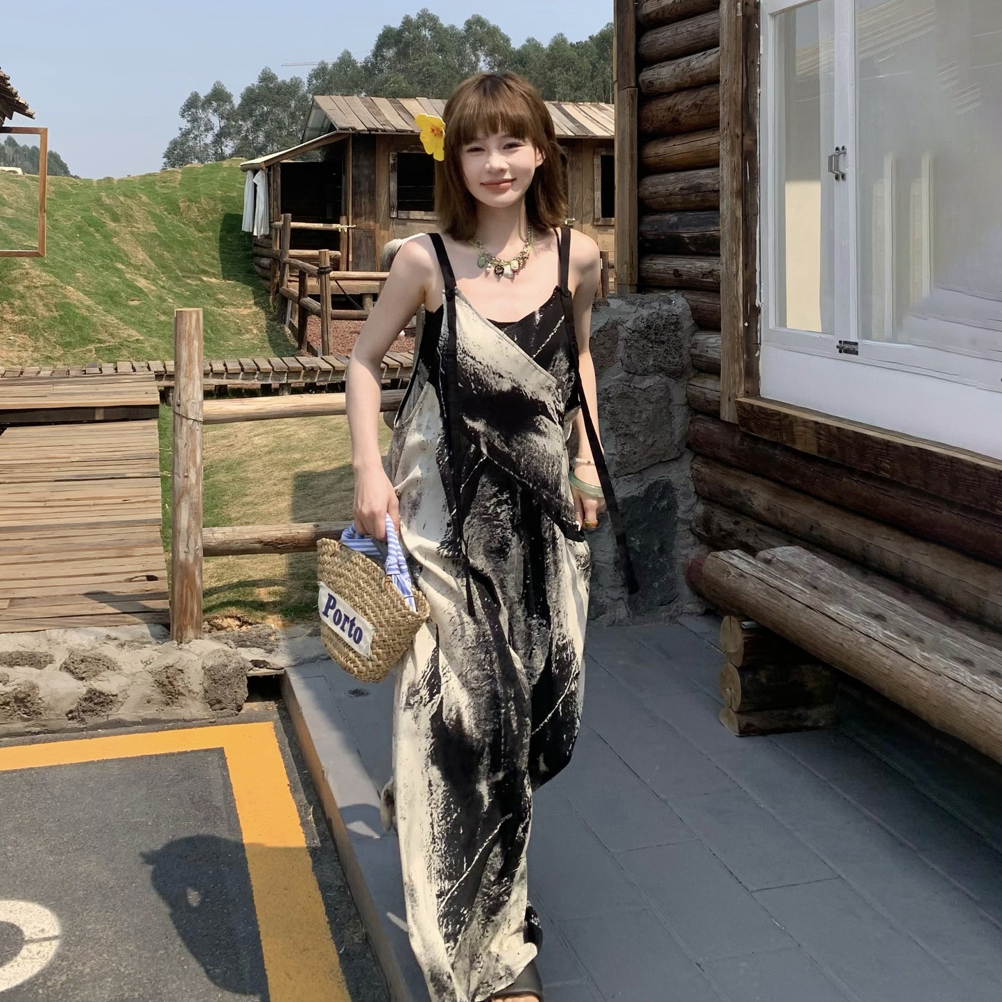 【ボトムス】夏新作 アート×ヴィンテージ 水墨画柄 ゆる感サロペット ワイドシルエット オールインワン【SHシリーズ】