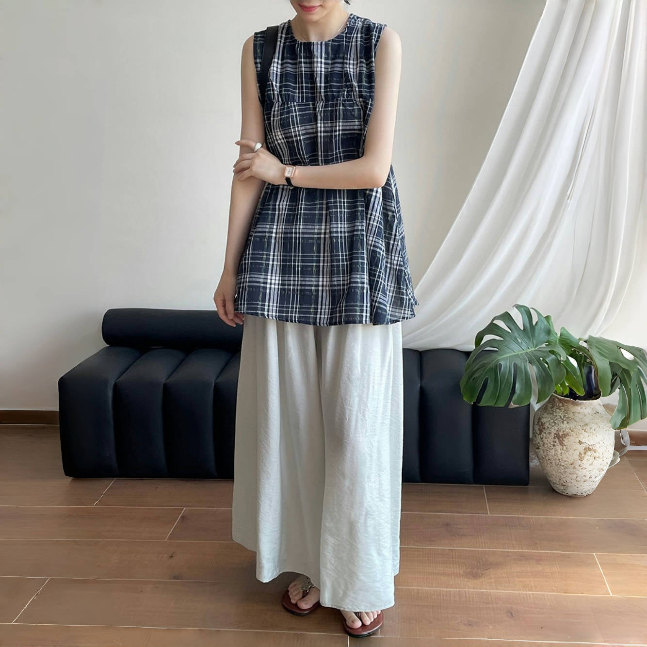 【トップス】夏 バイカラー チェック柄 ベビードールトップス ブラウス 【JZシリーズ】