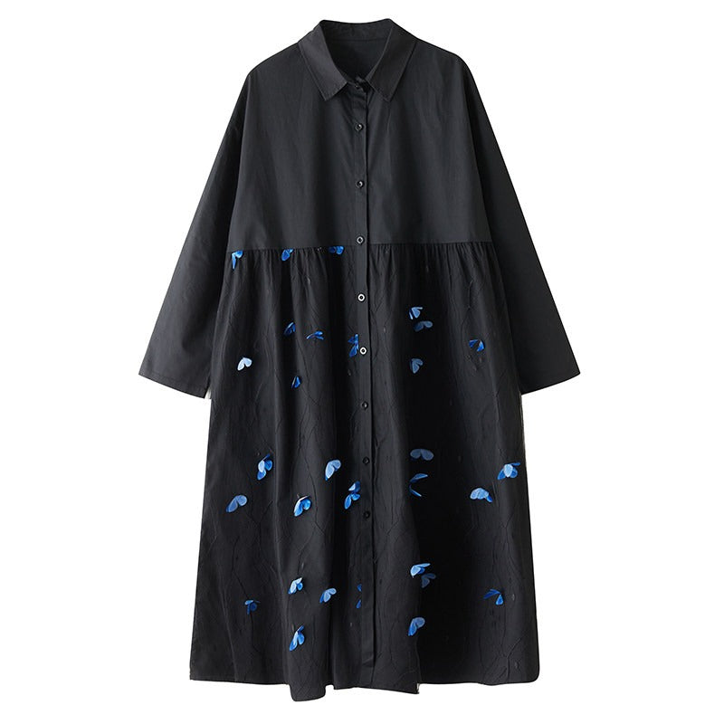 期間限定⭐️60%OFF【ワンピース】春秋新作 ワイドシルエット 大きいサイズ 花柄プリント チュール切り替え シャツワンピース 長袖 ロング丈 甘めナチュラル【AHシリーズ】