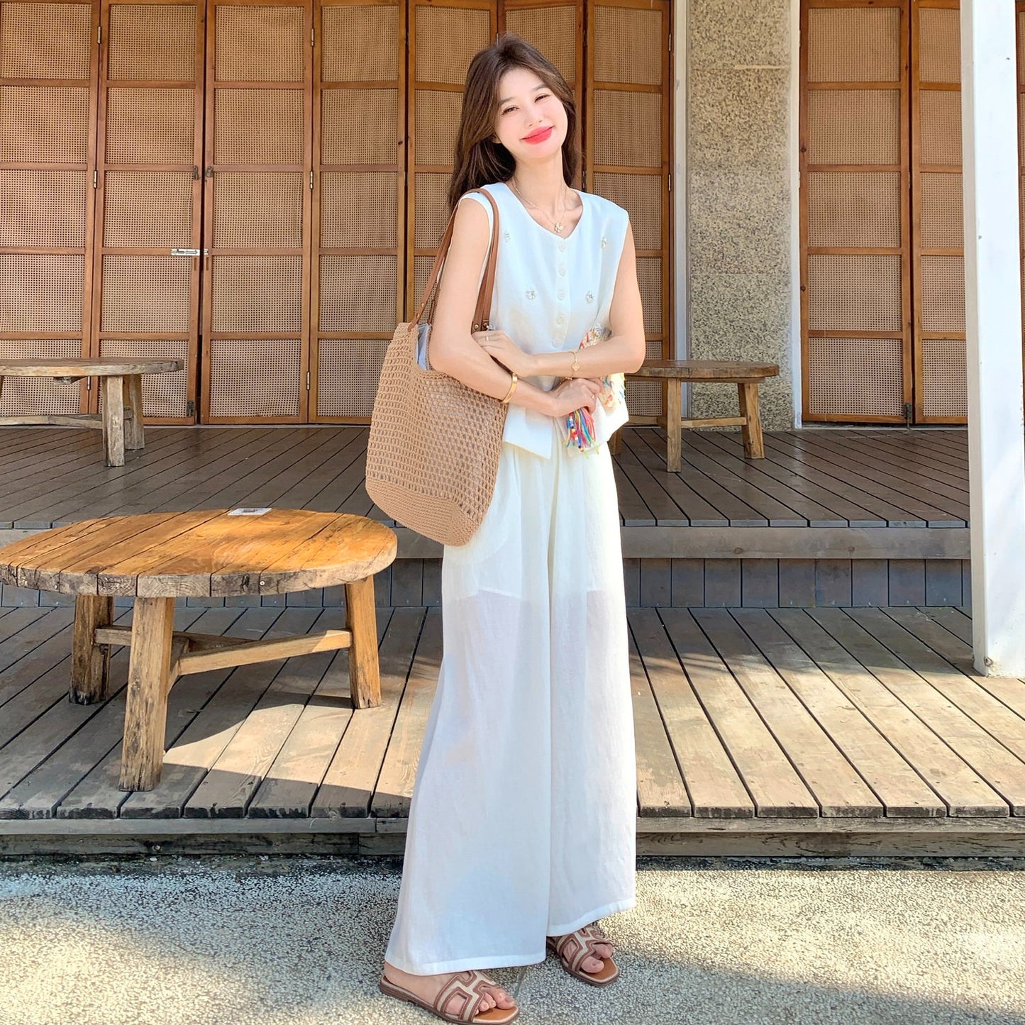 2点セット！【セットアップ】ベスト ワイドパンツ  上下セット レディース 春夏 ゆったり 体型カバー 人気 リゾートコーデ【JZシリーズ】
