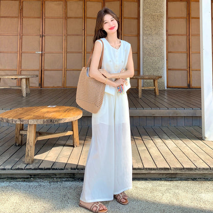 2点セット！【セットアップ】ベスト ワイドパンツ  上下セット レディース 春夏 ゆったり 体型カバー 人気 リゾートコーデ【JZシリーズ】