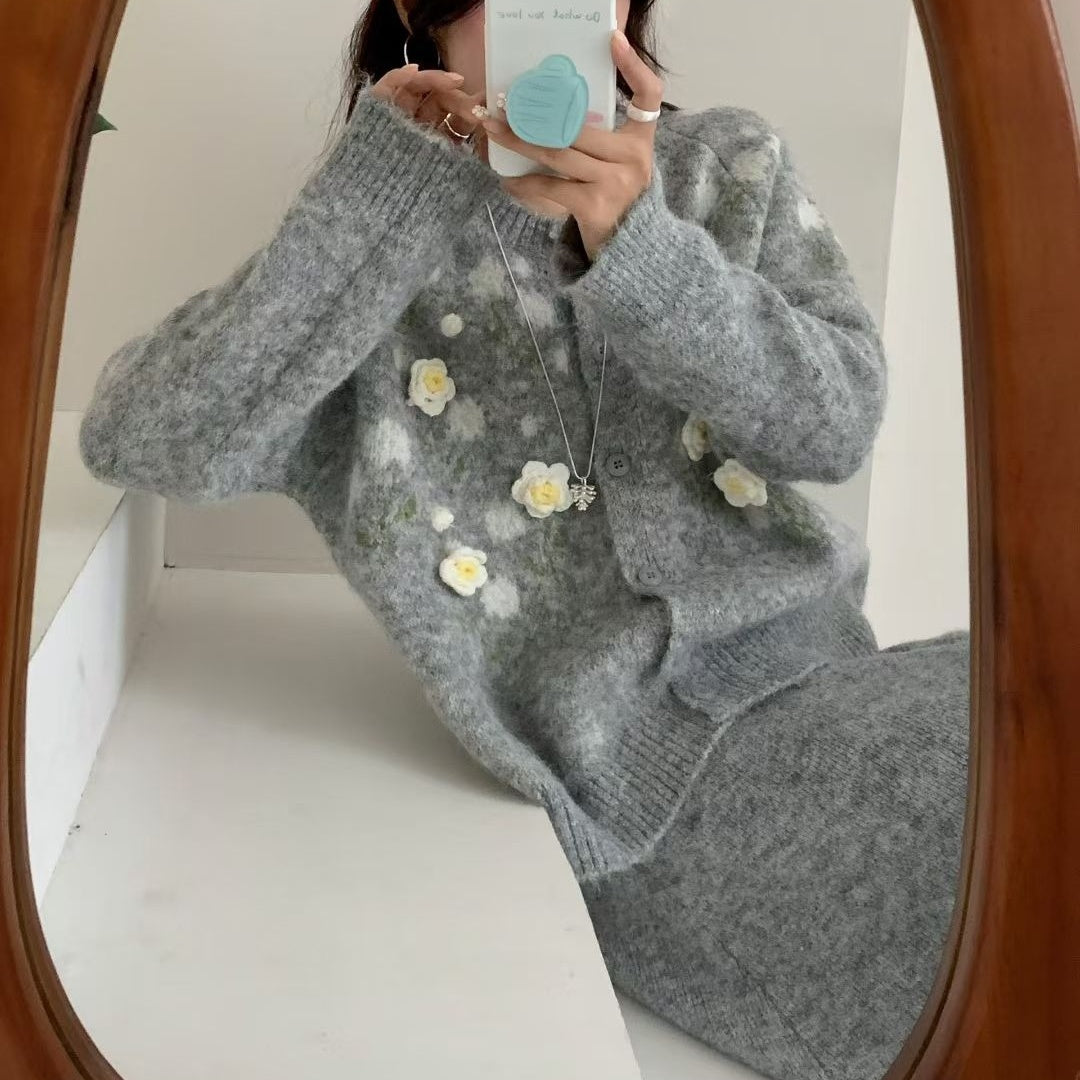 【セットアップ】春 秋 冬 立体刺繍フラワー +ハイウエスト ニットスカート 2点上下セット 【JZシリーズ】